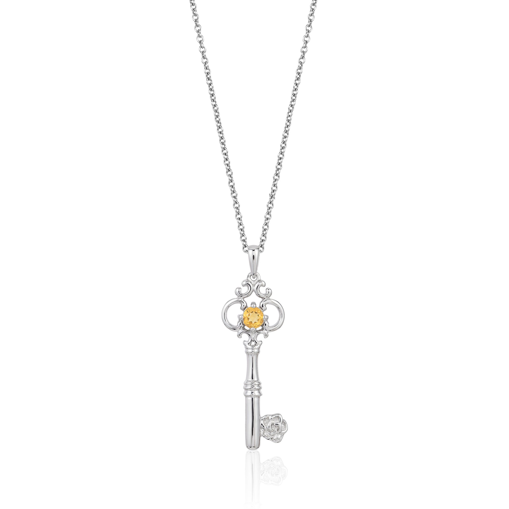 Enchanted Disney Fine Jewelry Sterling Silver with Citrine Belle Key Pendant Necklace