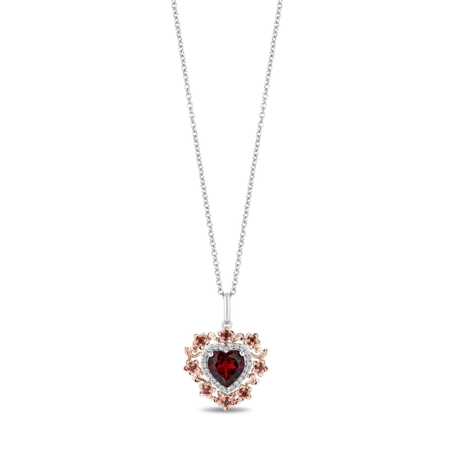 Enchanted Disney Fine Jewelry 14K Rose Gold over Sterling Silver with 1/10 CTTW Diamonds and Red Garnet, Disney's Snow White Pendant Necklace