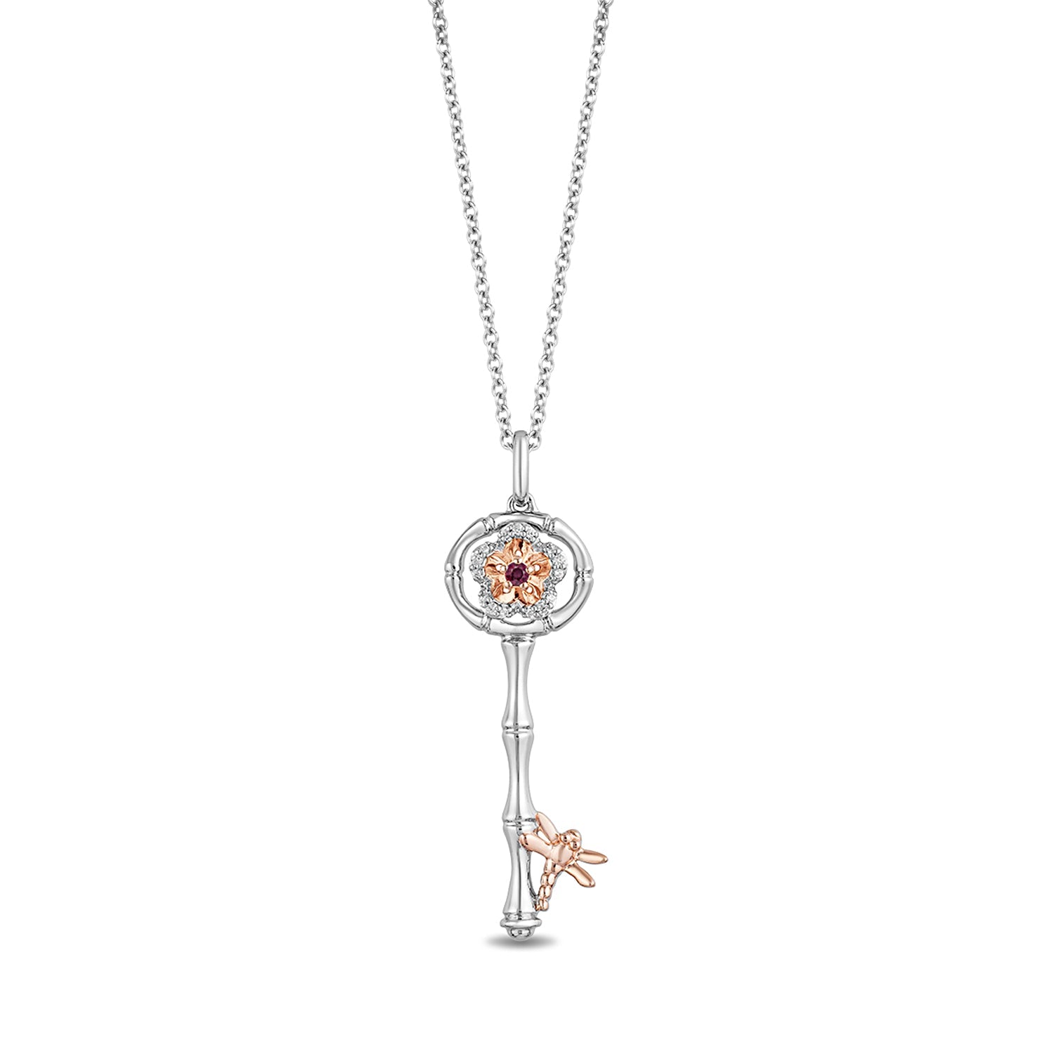 Enchanted Disney Fine Jewelry 14K Rose Gold Over Sterling Silver with 1/20 CTTW Diamonds and Rhodolite Garnet Mulan Key Pendant Necklace