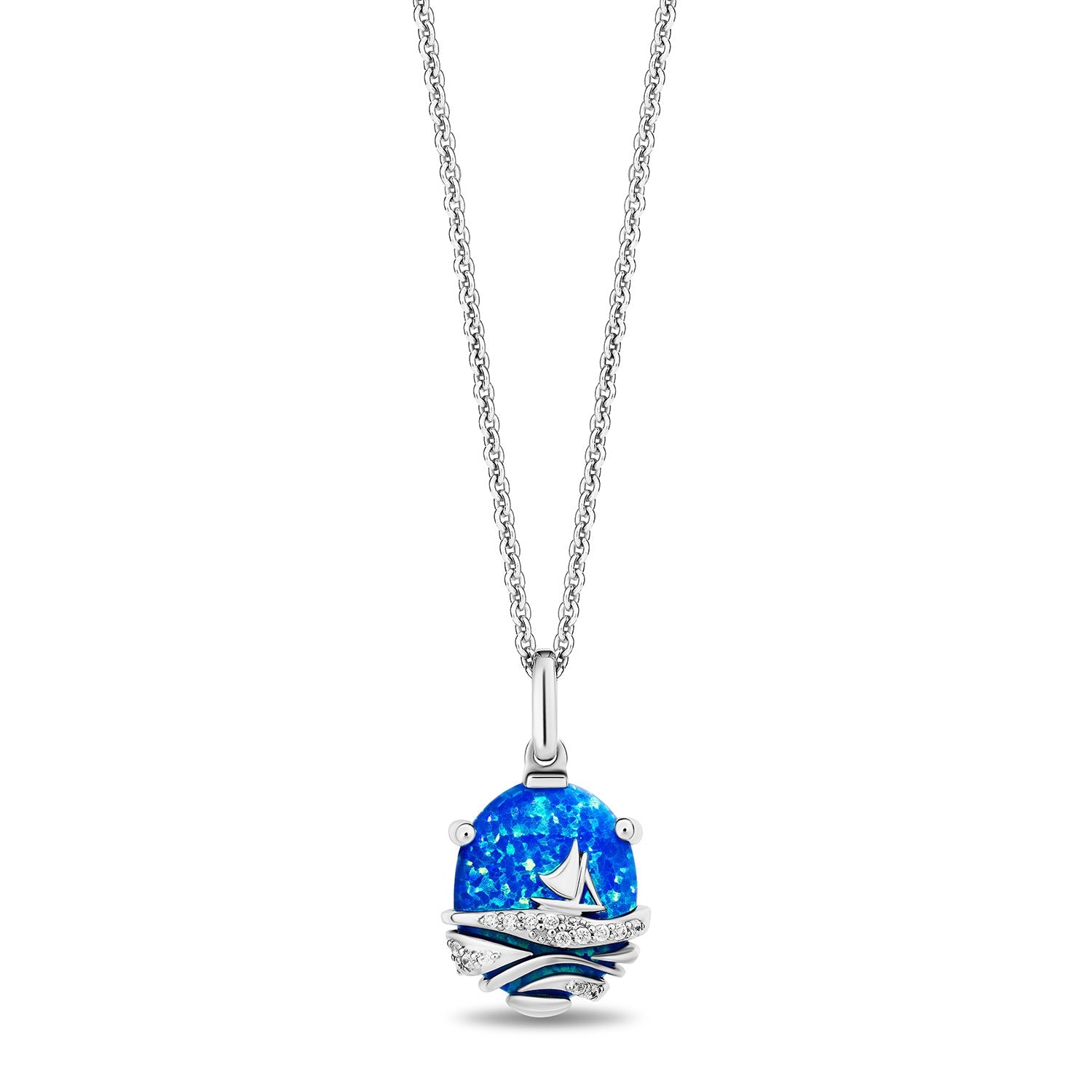 Enchanted Disney Fine Jewelry Sterling Silver with 1/20 CTTW Diamonds and Lab Grown Blue Opal Moana Necklace
