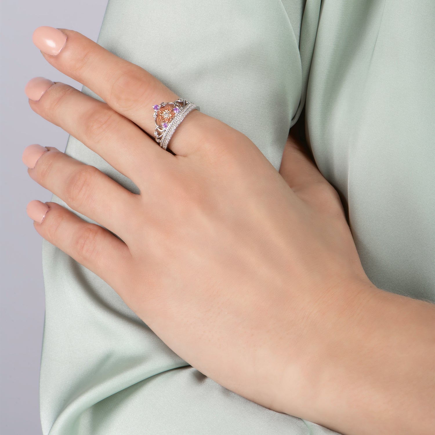 Enchanted Disney Fine Jewelry 14K Rose Gold over Sterling Silver with 1/10 CTTW Rose-de-France Rapunzel Ring