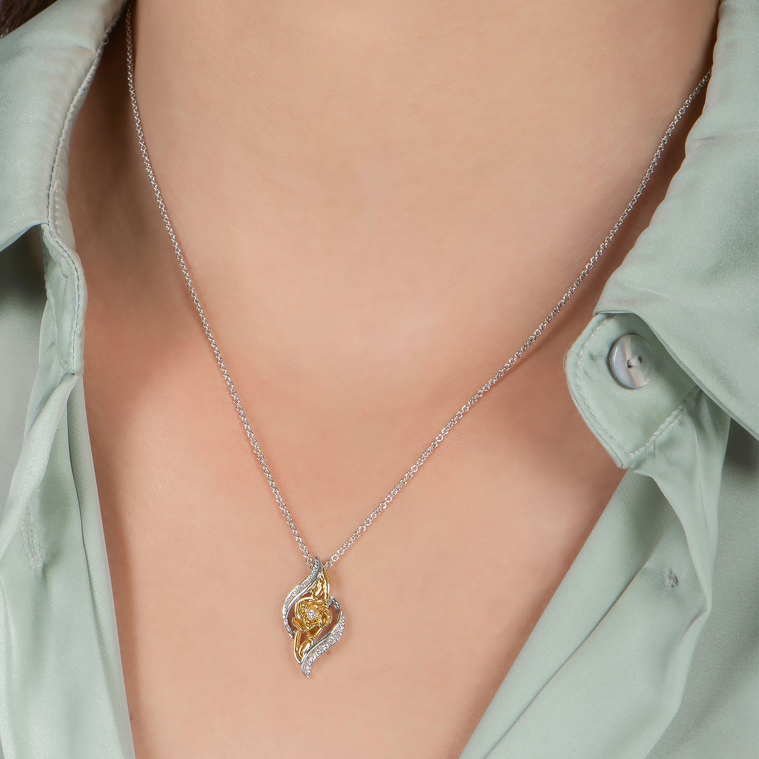 Enchanted Disney Fine Jewelry 14K Yellow Gold Over Sterling Silver 1/10 CTTW Belle Rose Pendant Necklace