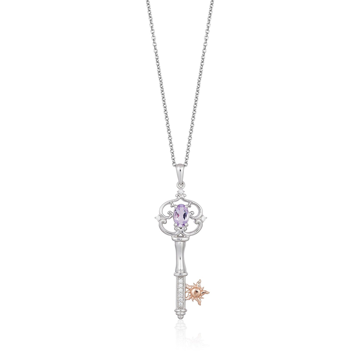 Enchanted Disney Fine Jewelry 14K Rose Gold over Sterling Silver with 1/20 CTTW Diamond and Rose-De-France Rapunzel Key Pendant Necklace