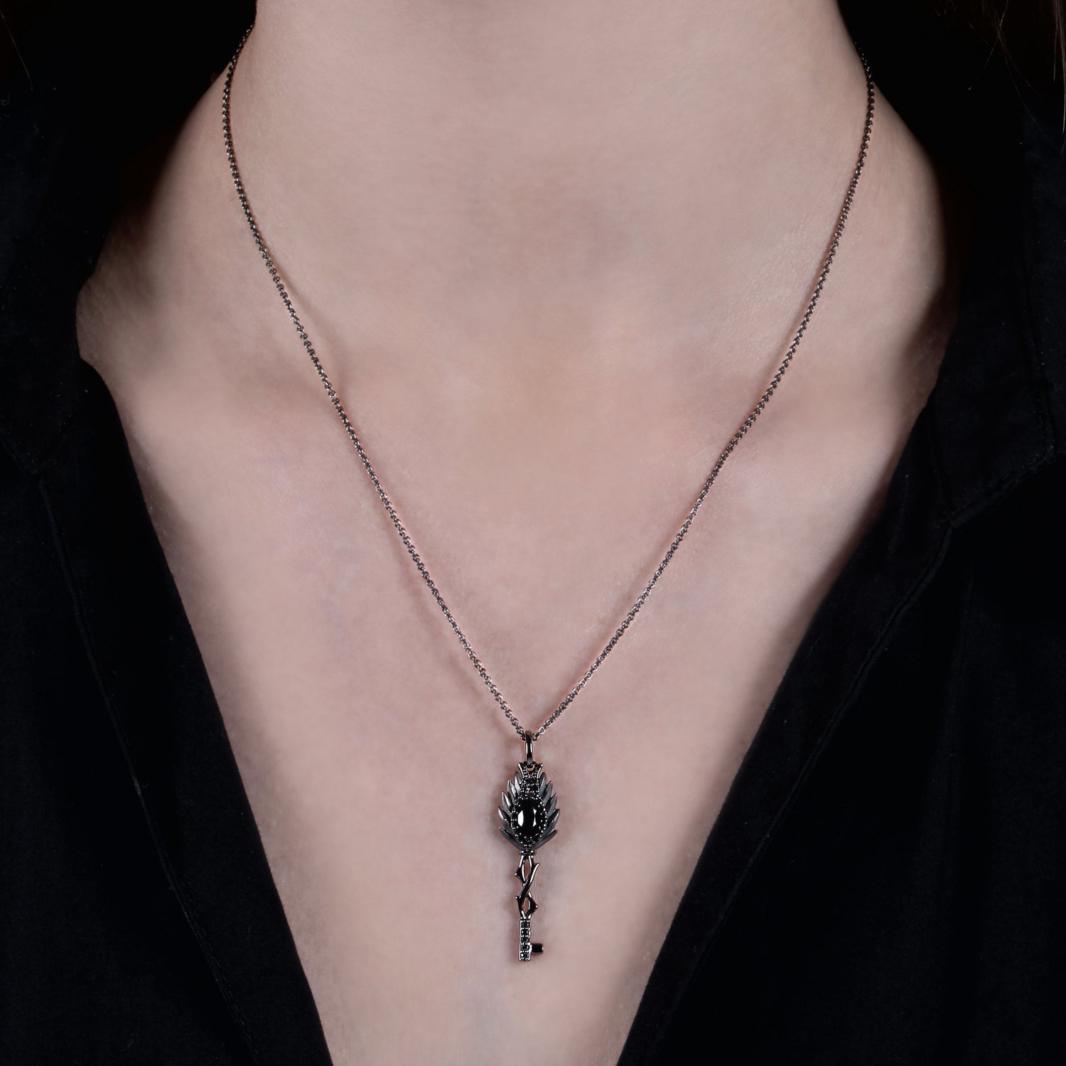 Enchanted Disney Fine Jewelry Black Rhodium over Sterling Silver with 1/6 CTTW Diamond and Onyx Maleficent Pendant Necklace