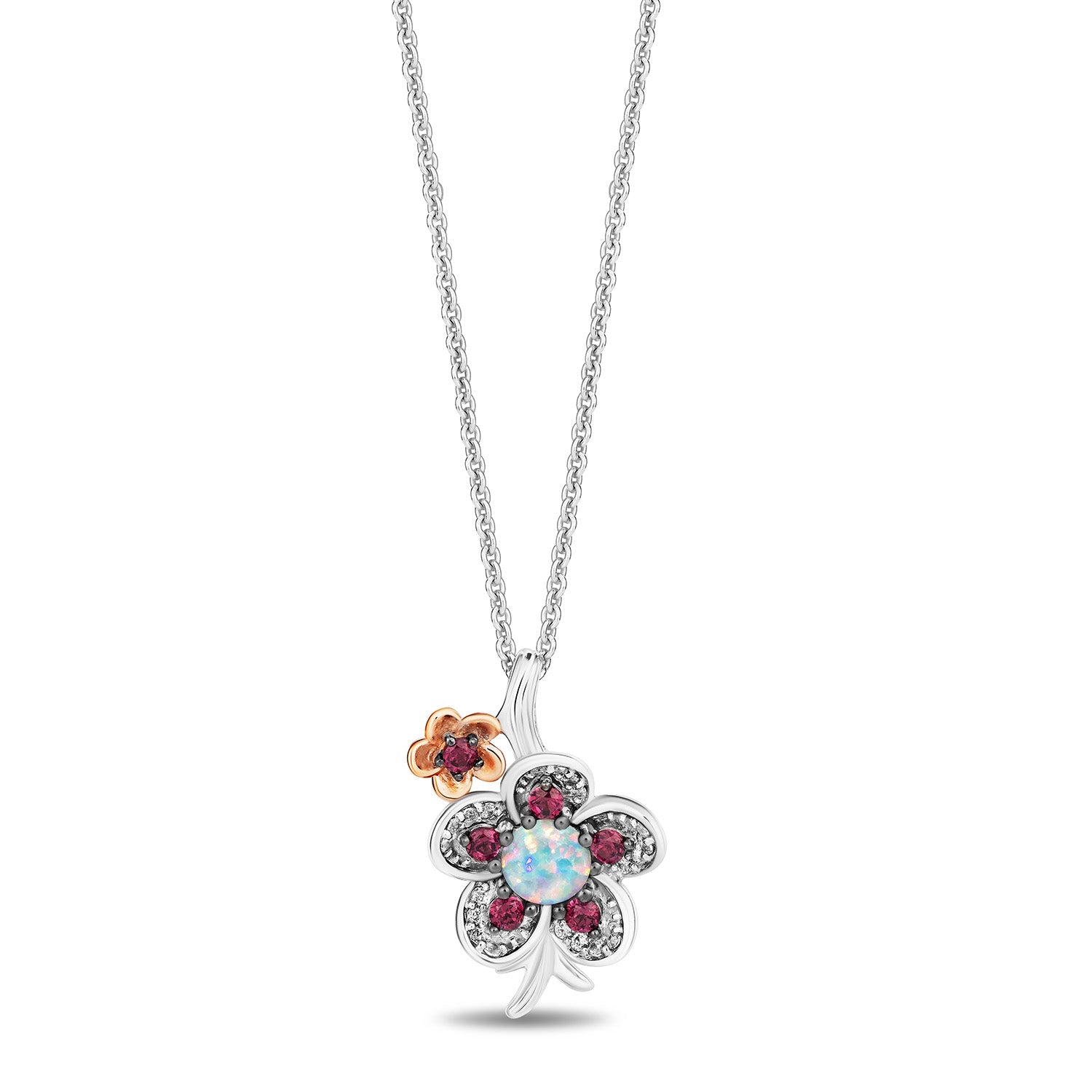 Enchanted Disney Fine Jewelry 14K Rose Gold Over Sterling Silver and 1/10 CTTW Diamonds with Lab Grown Opal and Rhodolite Garnet Mulan Necklace